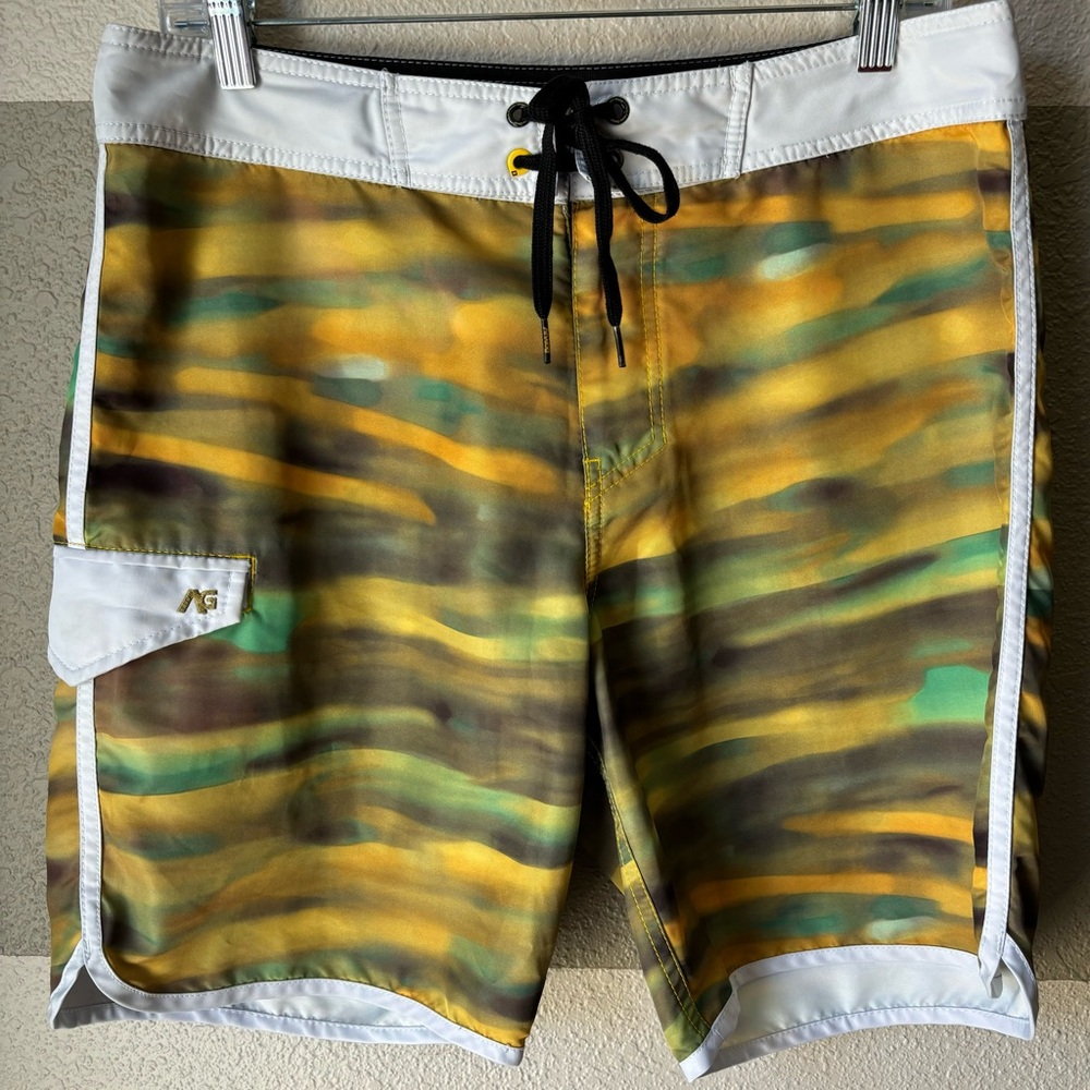 Analog Men’s 33 Swim Board Shorts Zip Fly Tie Waist White Brown Yellow Tie Dye